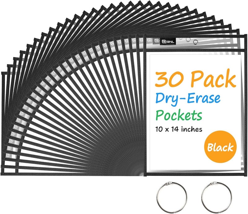 Gnl Dry Erase Pocket Sleeves 30 Packs, Reusable Clear Plastic Ticket Holders with Rings, Durable & Easy-to-Erase Sheet Protectors, Black 10x14 Inch for Classroom & School Teacher Supplies - Image 1